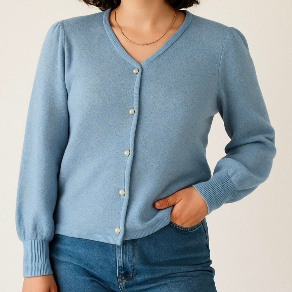 Vintage 80s Blue Knit Cardigan Sweater Pearl Buttons Floral Pattern Union USA